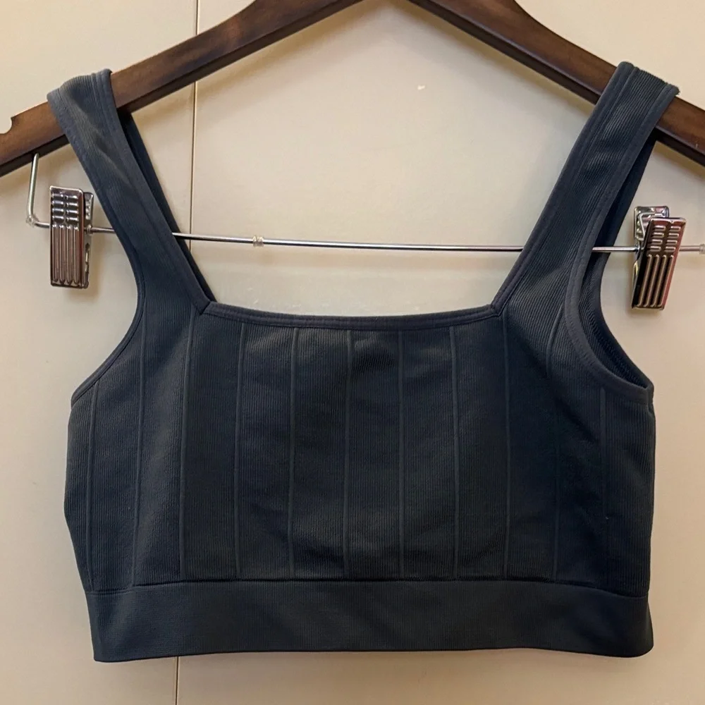 Spiritual Gangster Ribbed Seamless Sports Bra Charcoal Grey XS S Square Neck